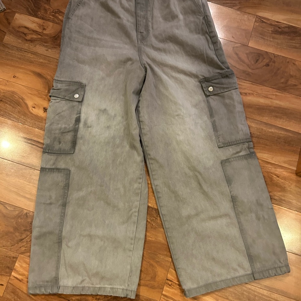 Boohoo Mens Gray Cargo Pants Wide Leg Relaxed Fit